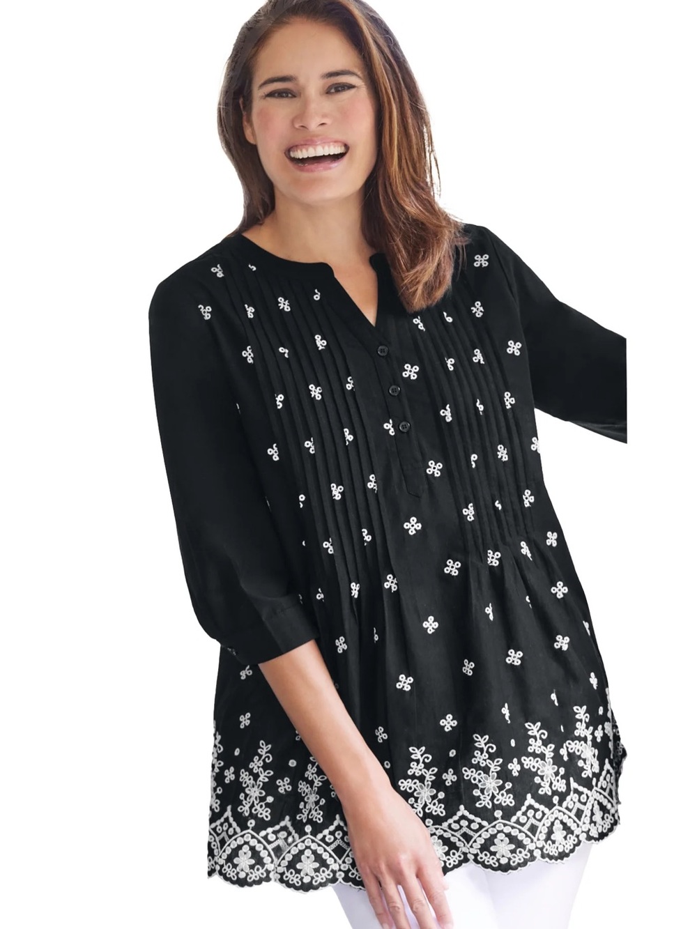 Woman Within Embroidered Pintuck Tunic Black 100% Cotton 3/4 Sleeve Plus Size 1X
